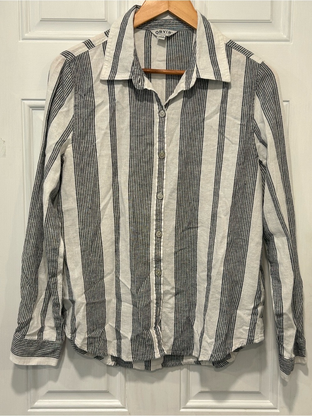 ORVIS Classic Collection Button Up Linen Blend Roll Tab Shirt Navy White Stripe